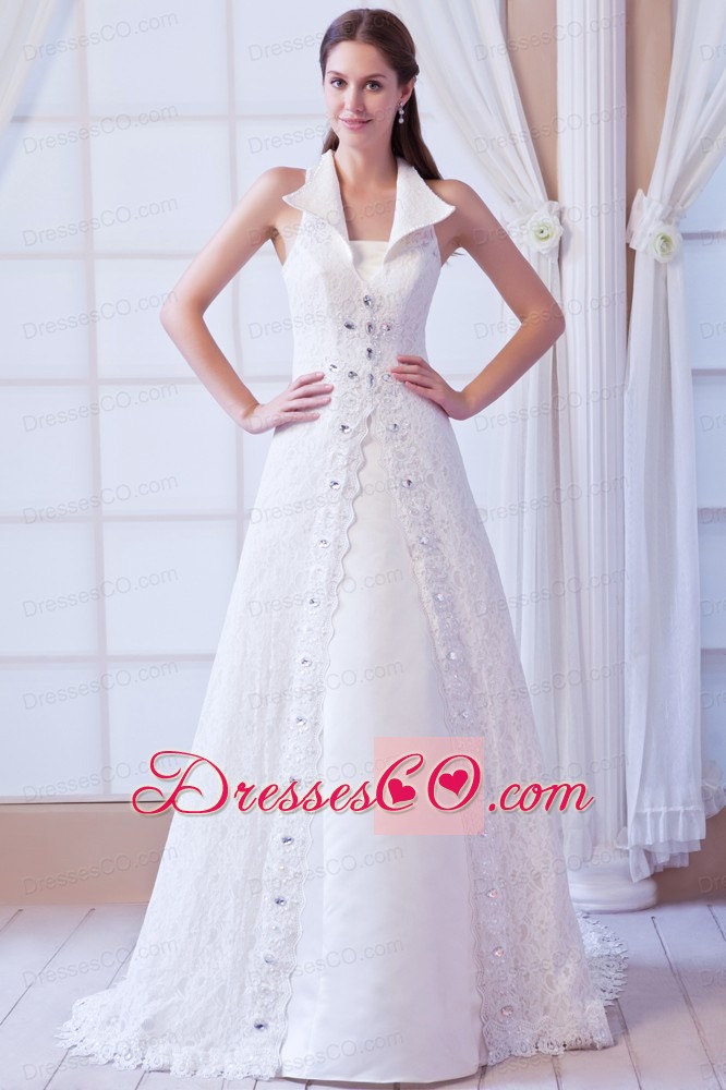 Affordable A-line V-neck Court Train Lace Beading Wedding Dress