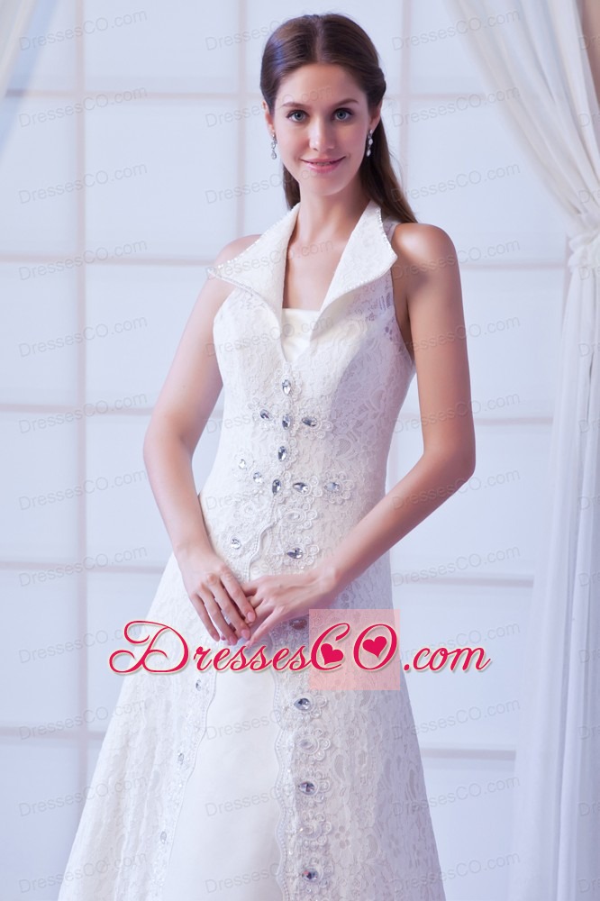 Affordable A-line V-neck Court Train Lace Beading Wedding Dress