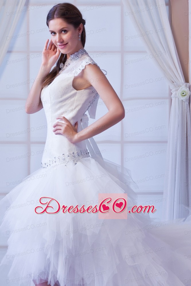 Beautiful A-line High-neck Court Train Tulle Beading Wedding Dress