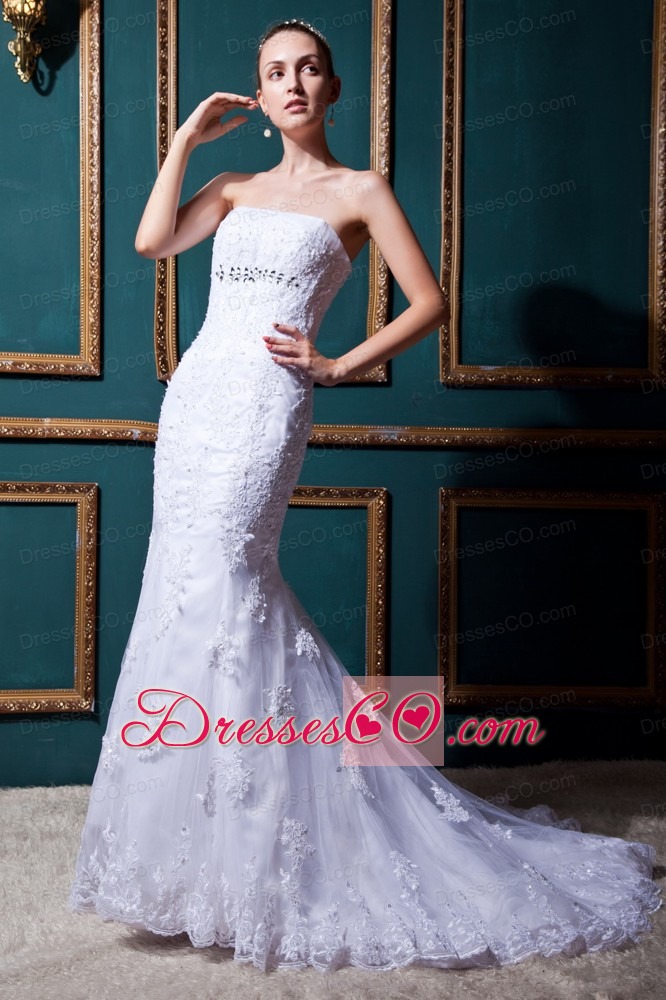 Modest Mermaid Strapless Brush TrainTulle Beading Wedding Dress