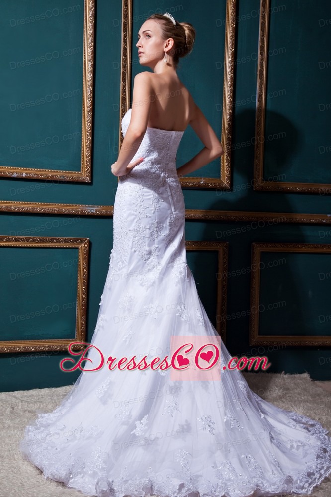 Modest Mermaid Strapless Brush TrainTulle Beading Wedding Dress