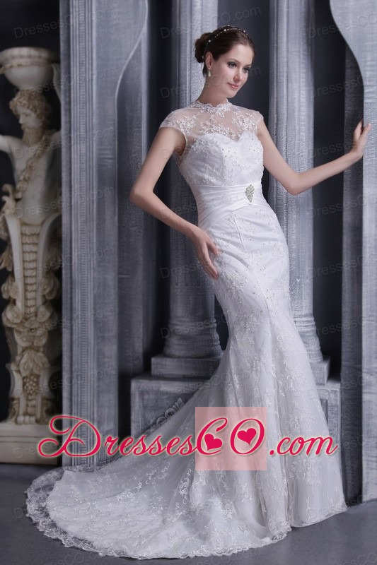 White Mermaid High-neck Brush Lace and Satin Beading Wedding Dress