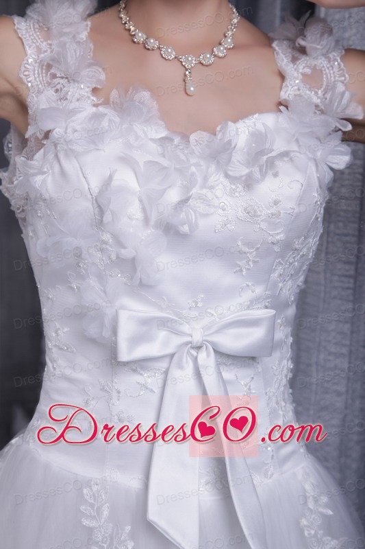 White A-line Square Court Train Tulle Lace Wedding Dress