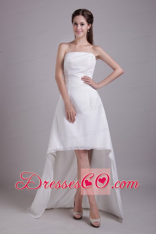White A-Line / Princess Strapless High-low Satin Beading Wedding Dress