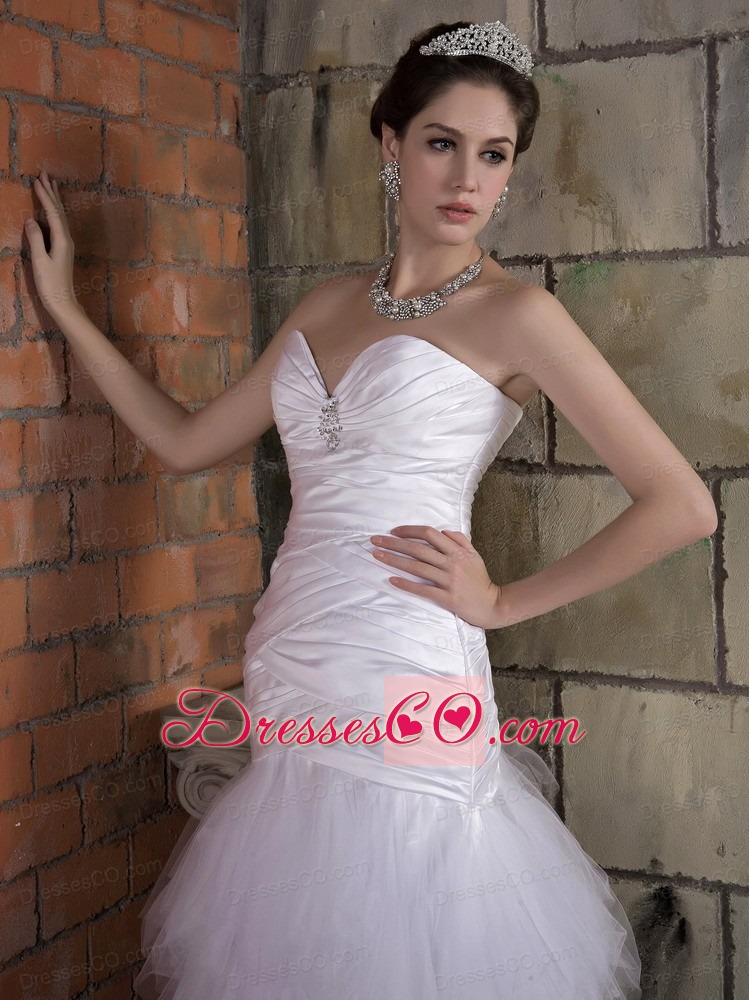Popular A-line Chapel Train Taffeta and Tulle Ruching and Beading Wedding Dress