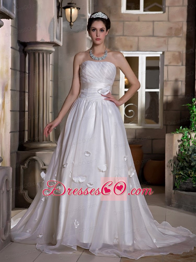 Exquisite A-line Strapless Chapel Train Taffeta and Organza Ruche and Hand Made Flowers Wedding Dress