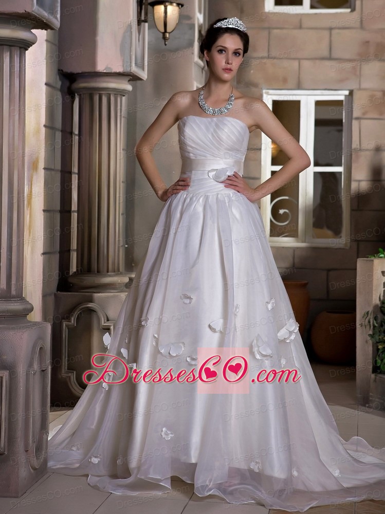 Exquisite A-line Strapless Chapel Train Taffeta and Organza Ruche and Hand Made Flowers Wedding Dress