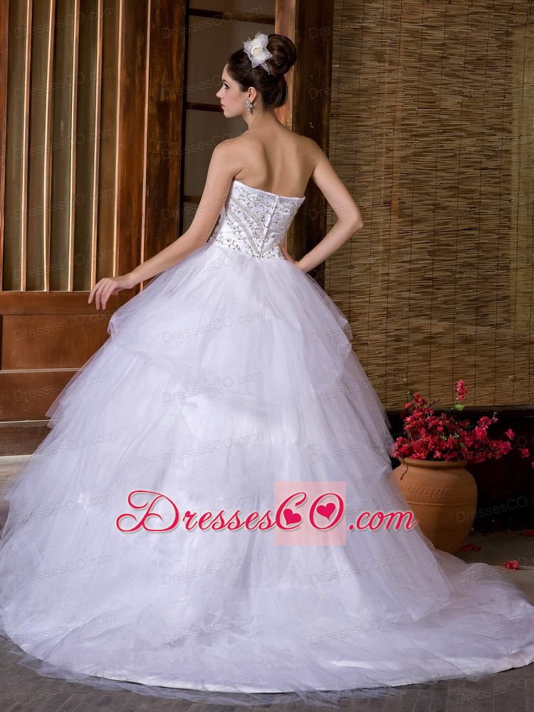 Beautiful Ball Gown Strapless Chapel Train Taffeta and Organza Beading Wedding Dress