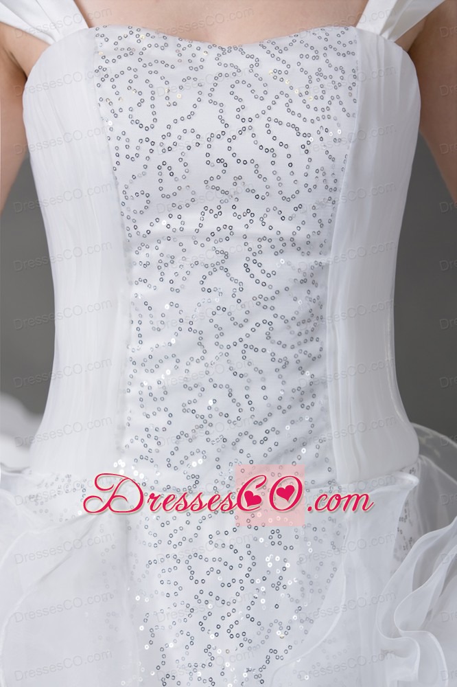 Princess Cap Sleeves Sequins Hand Made Flowers Wedding Dress