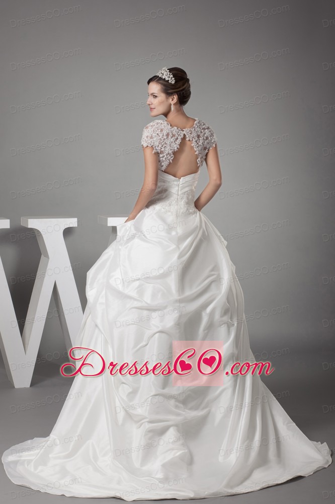 Appliques Ball Gown Cap Sleeves Square Neck Wedding Dress