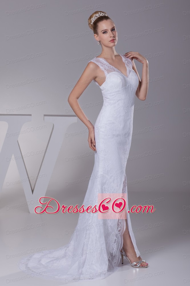 Mermaid V-neck High Slit Brush Train Wedding Dress