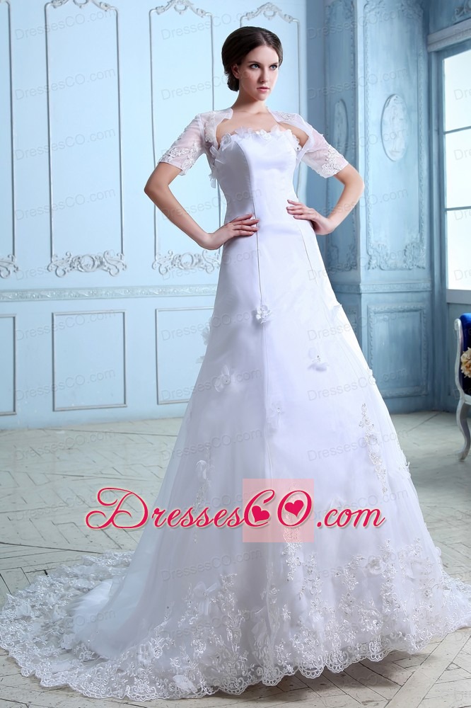Beautiful A-line Strapless Court Train Lace Hand Made Flowers Wedding Dress