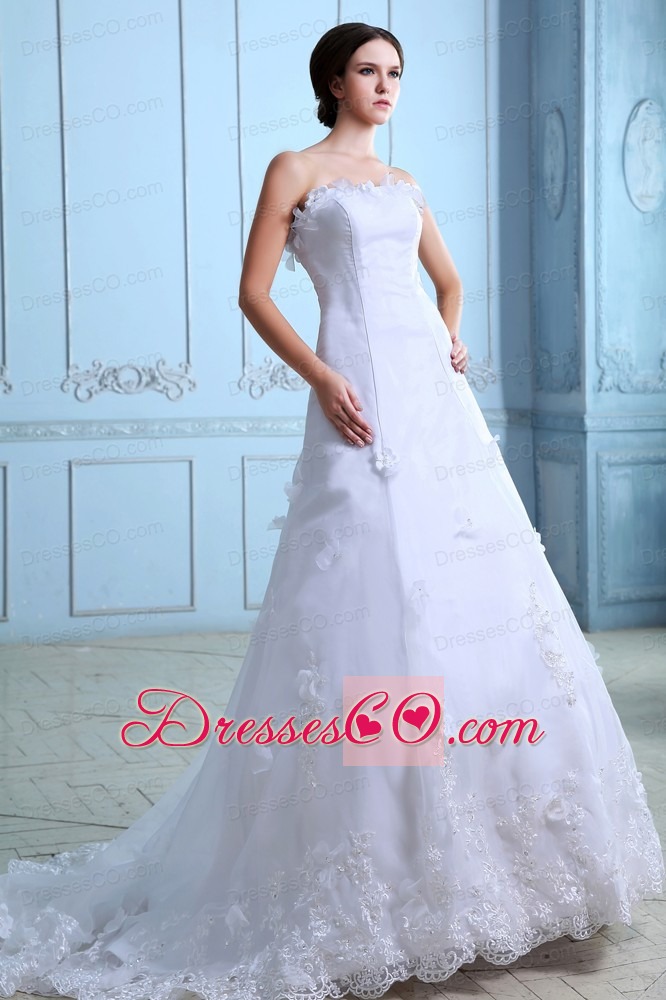 Beautiful A-line Strapless Court Train Lace Hand Made Flowers Wedding Dress
