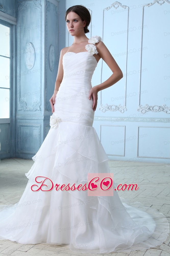 Modest A-line One Shoulder Court Train Organza Ruching and Hand Made Flowers Wedding Dress