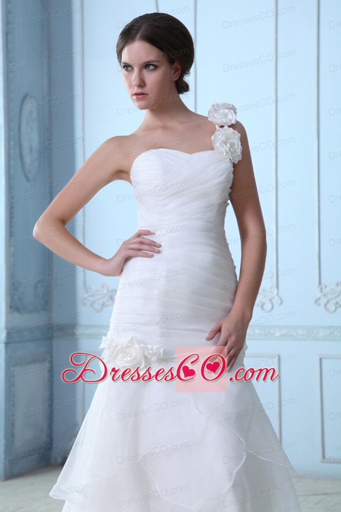 Modest A-line One Shoulder Court Train Organza Ruching and Hand Made Flowers Wedding Dress