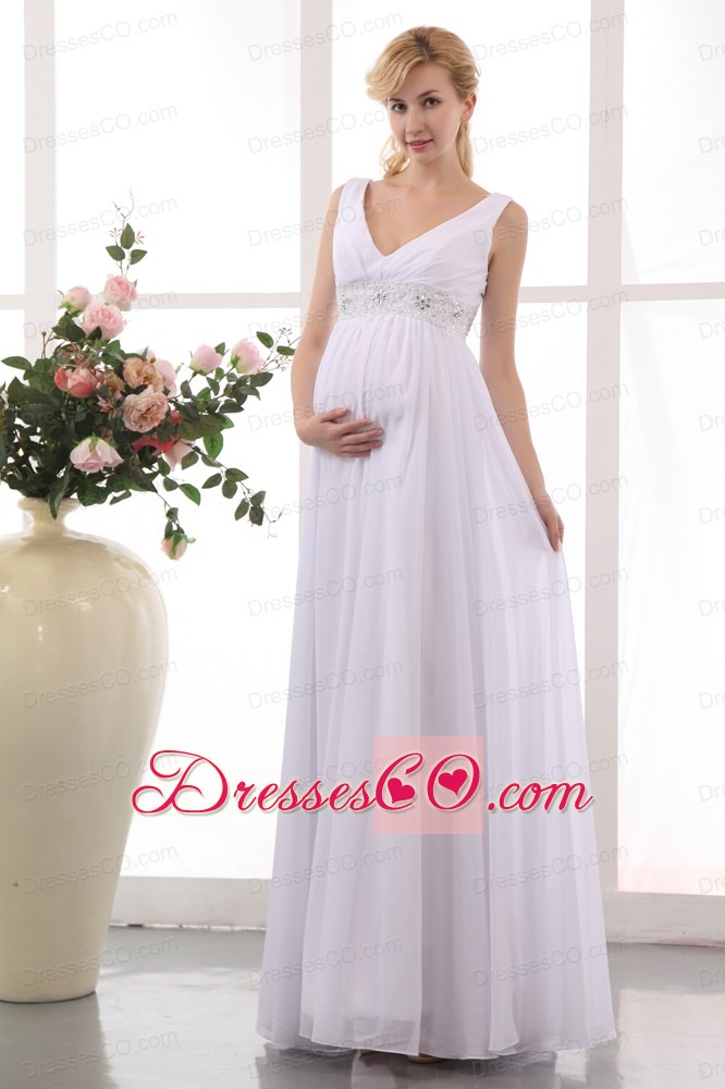 Populor Empire V-neck Ankle-length Chiffon Beading Maternity Wedding Dress