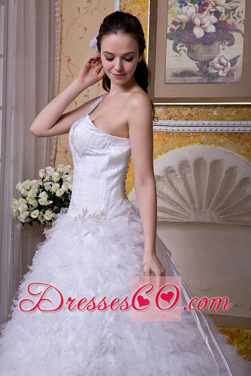 Modest A-line One Shoulder Brush Train Satin and Tulle Appliques Wedding Dress