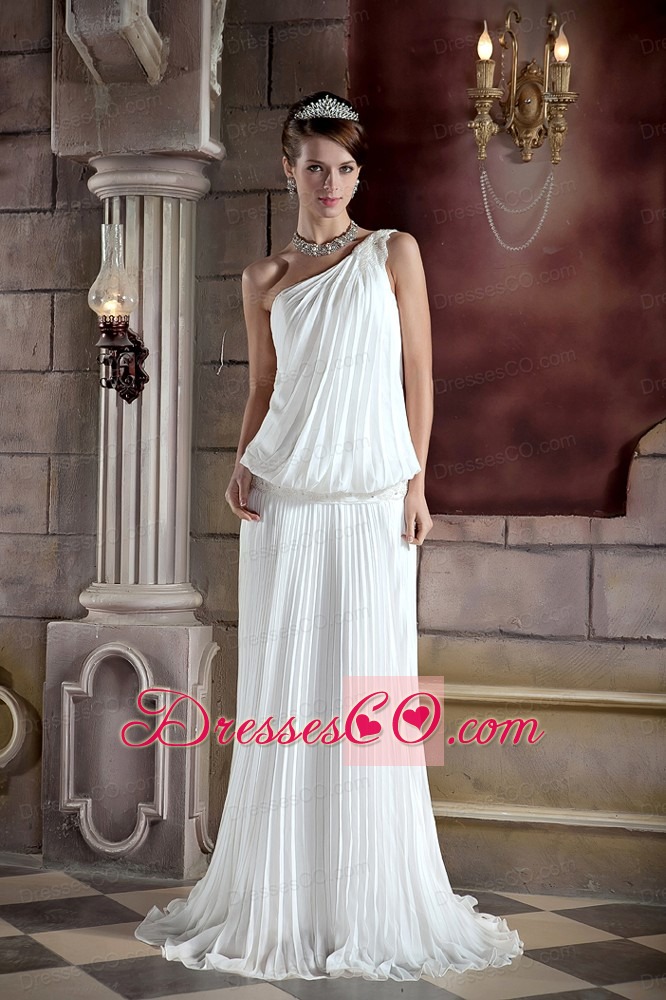 Beautiful Column One Shoulder Court Train Organza Pleat and Beading Wedding Dress