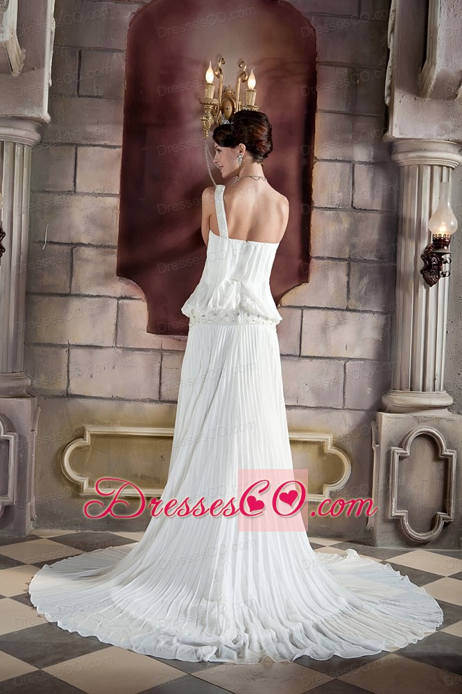 Beautiful Column One Shoulder Court Train Organza Pleat and Beading Wedding Dress