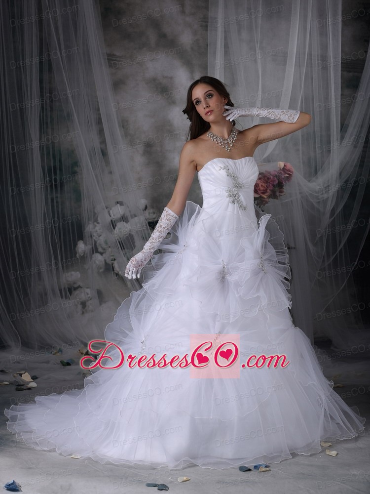 Luxurious A-line Strapless Court Train Taffeta and Organza Beading and Hand Made Flowers Wedding Dress