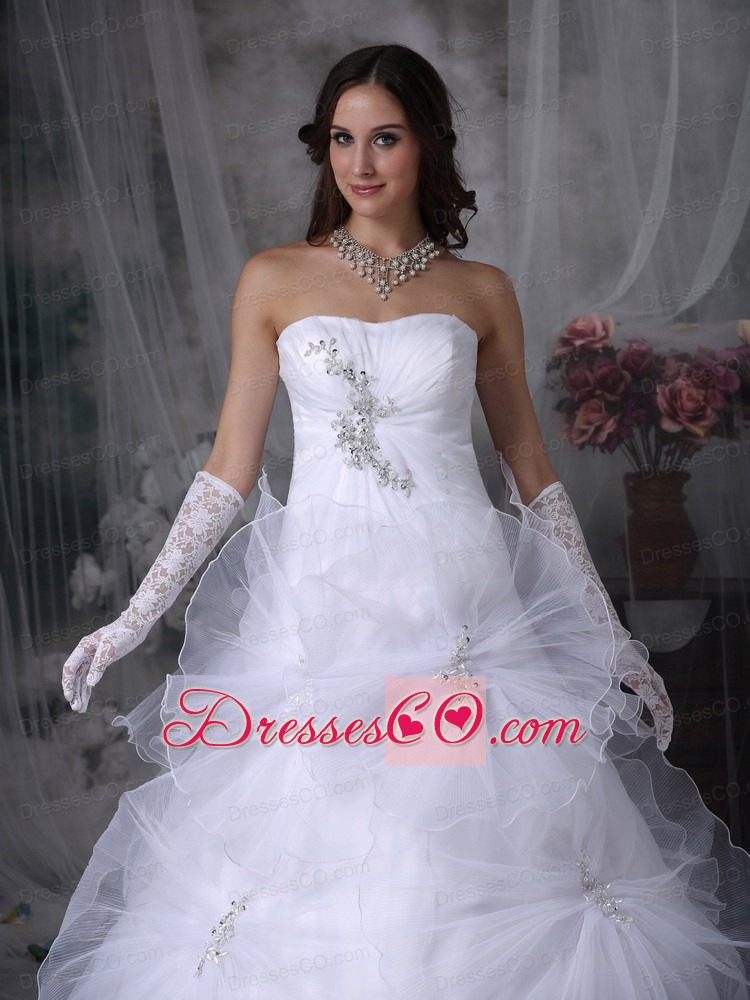 Luxurious A-line Strapless Court Train Taffeta and Organza Beading and Hand Made Flowers Wedding Dress