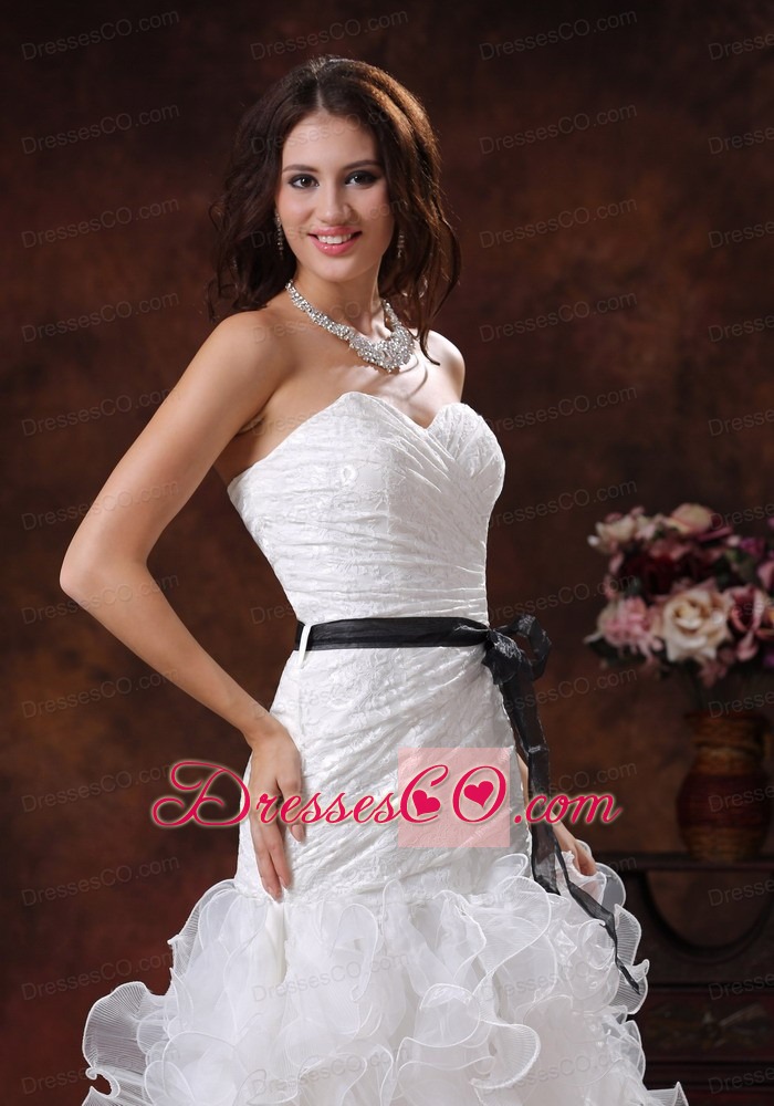 Black Sash Wedding Dress With Ruffled Layers