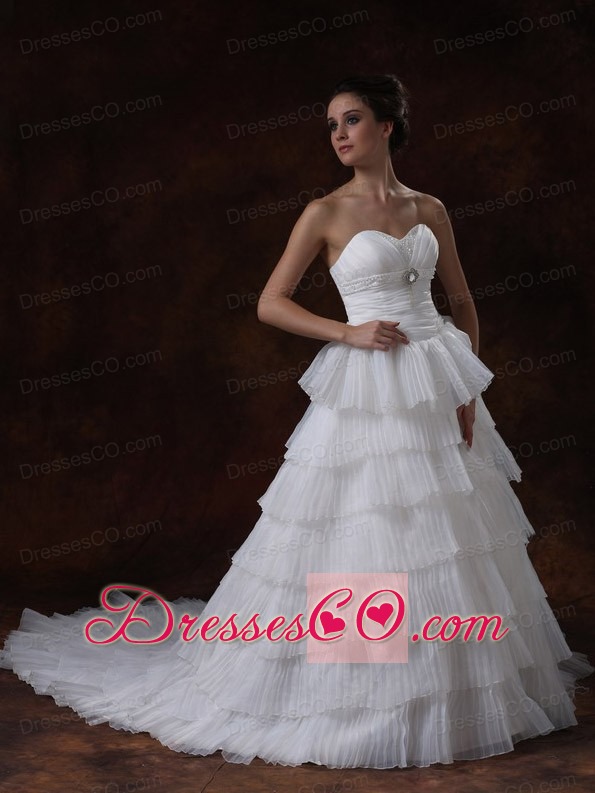 Layer A-Line Chapel Train White Hall Wedding Dress With Beading