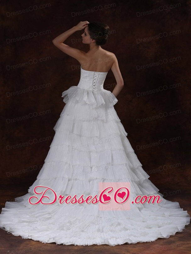 Layer A-Line Chapel Train White Hall Wedding Dress With Beading