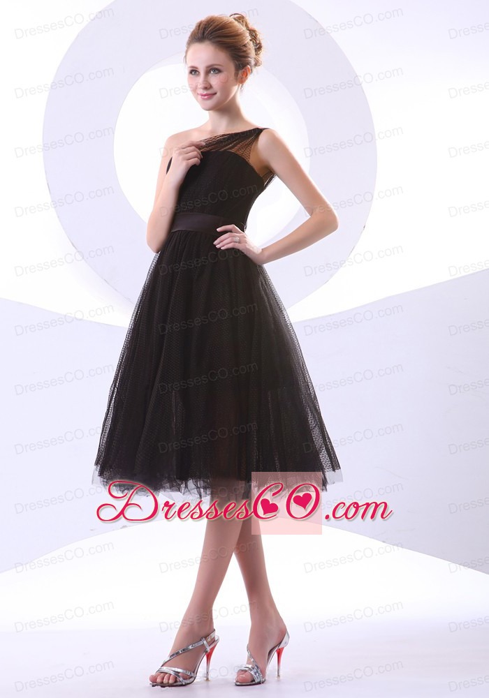 One Shoulder Black Tulle A-line Knee-length Prom Dress