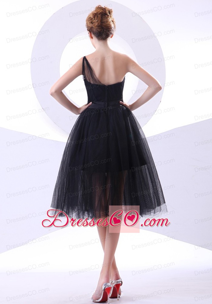 One Shoulder Black Tulle A-line Knee-length Prom Dress