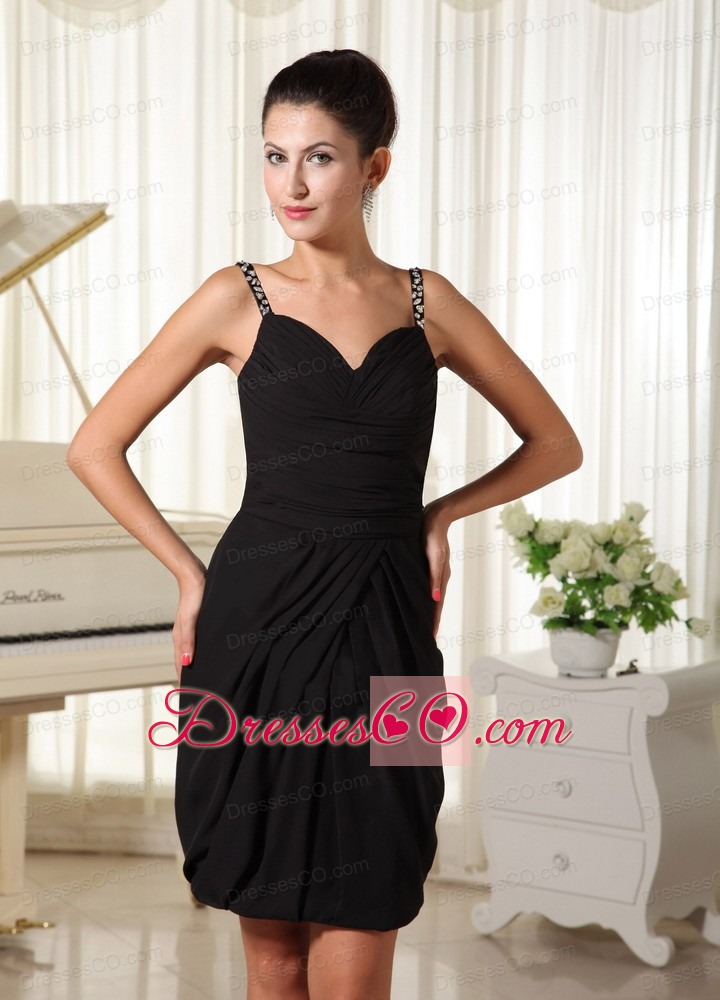 Beaded Decorate Straps Black Ruched Mini-length Homecoming Gowns
