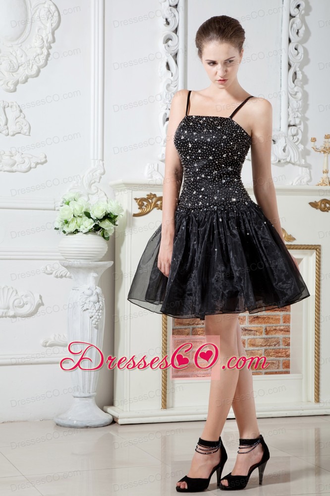 Black A-line Straps Short Prom Dress Organza Beading Mini-length