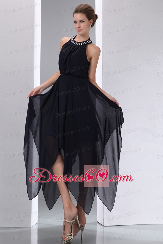 Simple Black Halter Asymmetrical Beading Junior Prom Dress Empire Chiffon