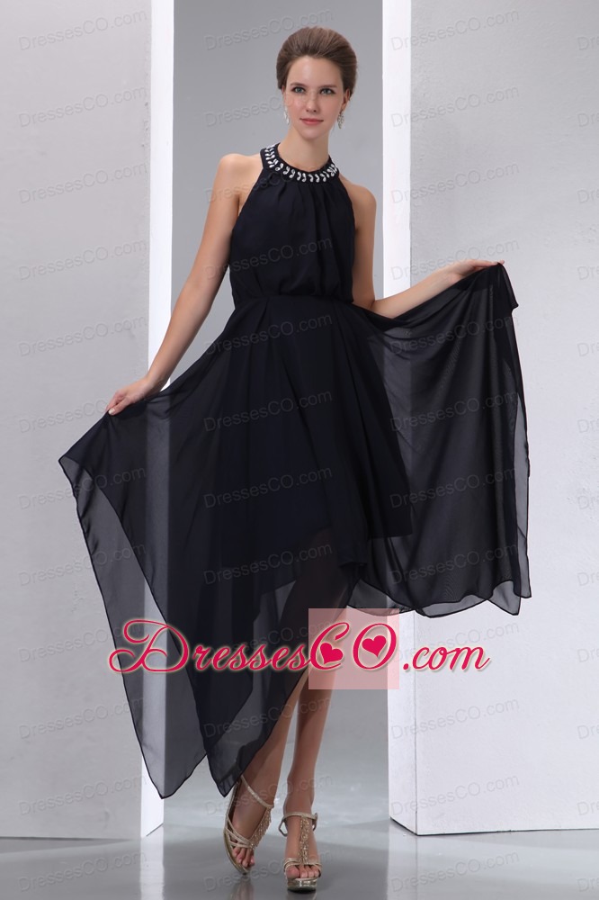 Simple Black Halter Asymmetrical Beading Junior Prom Dress Empire Chiffon