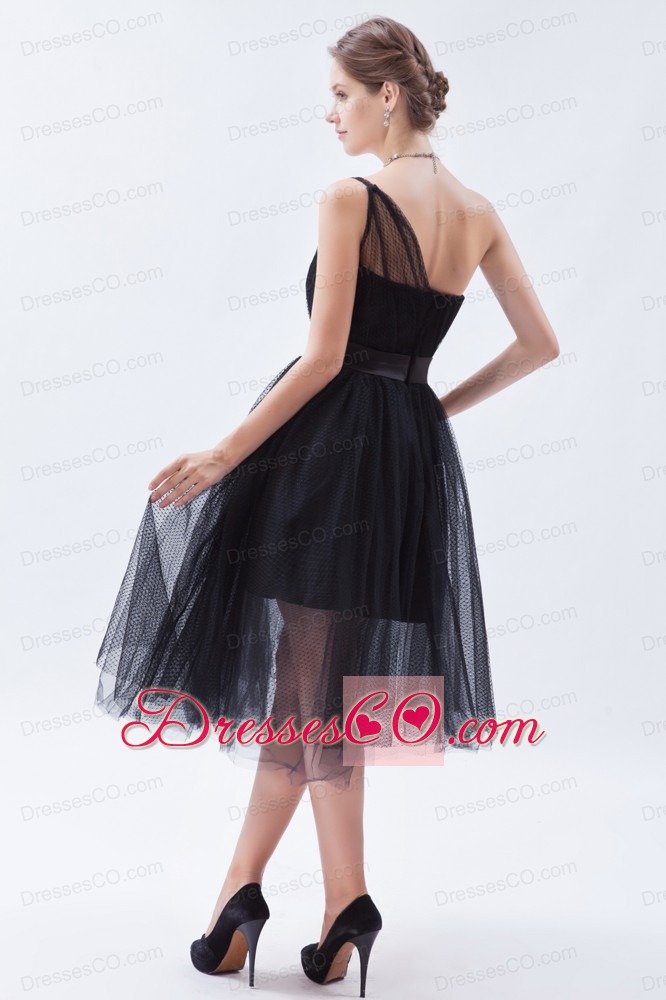 Black A-line / Princess One Shoulder Tea-length Tulle Little Black Dress