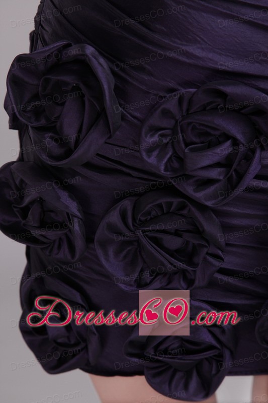 Purple Column/sheath Strapless Mini-length Taffeta Hand Made Flower Prom Dress