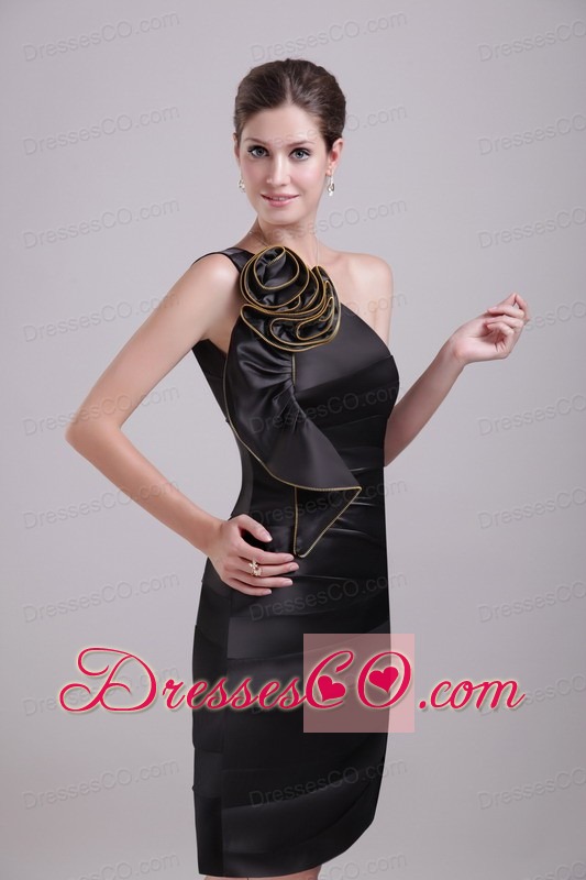 Black Column/sheath One-shoulder Mini-length Satin Hand Made Flower Prom / Cocktail Dress