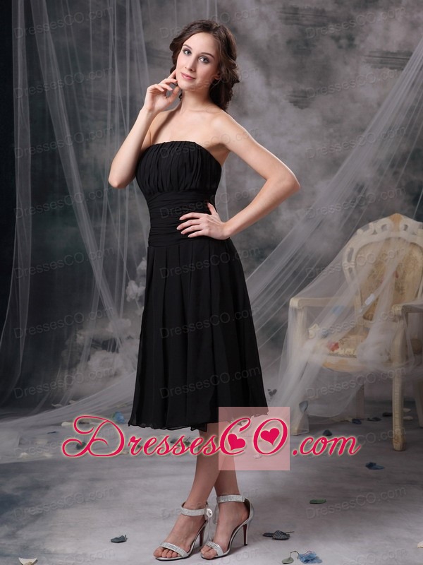 Customize Column Strapless Little Black Dress Chiffon Ruching Tea-length