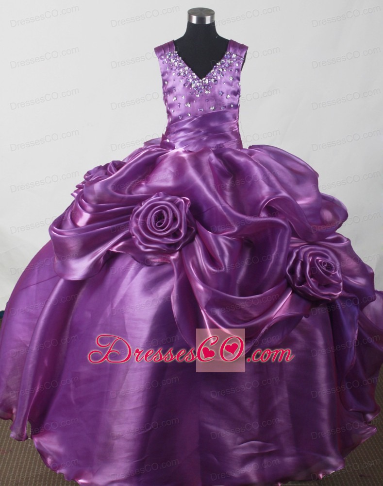 Purple Beading and Hand Made Flowers For Little Girl Pageant Dresses