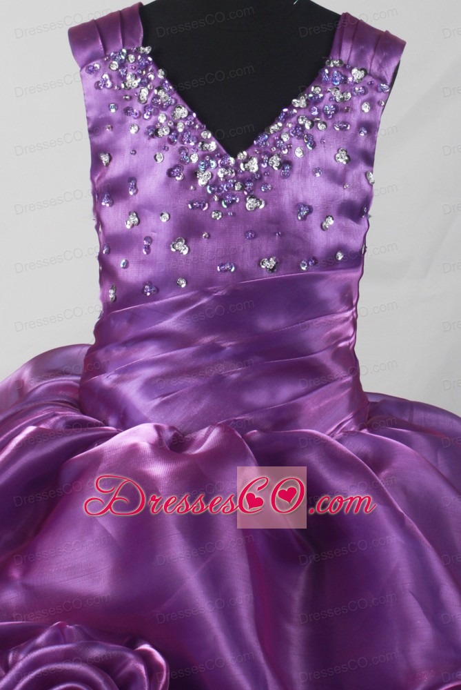 Purple Beading and Hand Made Flowers For Little Girl Pageant Dresses