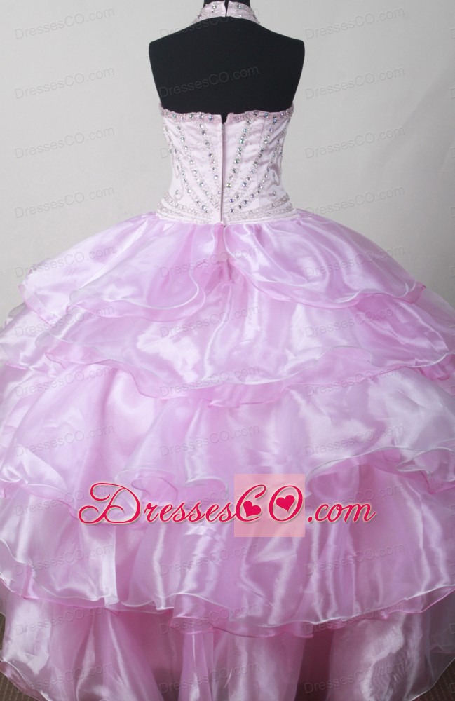 Baby Pink and Beaded Decorate Halter For Little Girl Pageant Dresses