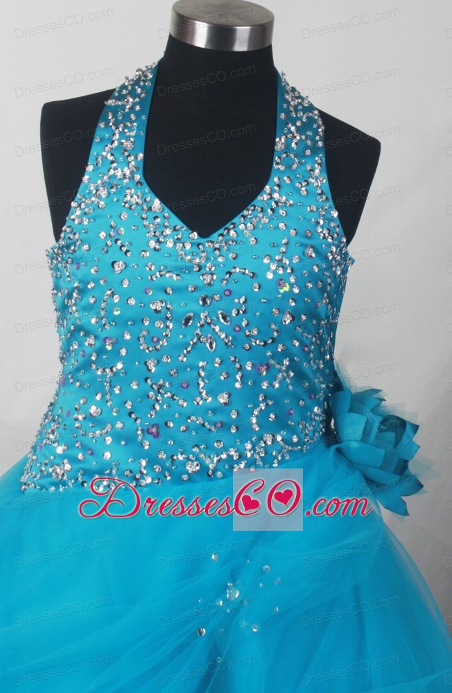 Exquisite Little Girl Pageant DressWith Beaded Decorate Bodice and Hand Made Flowers