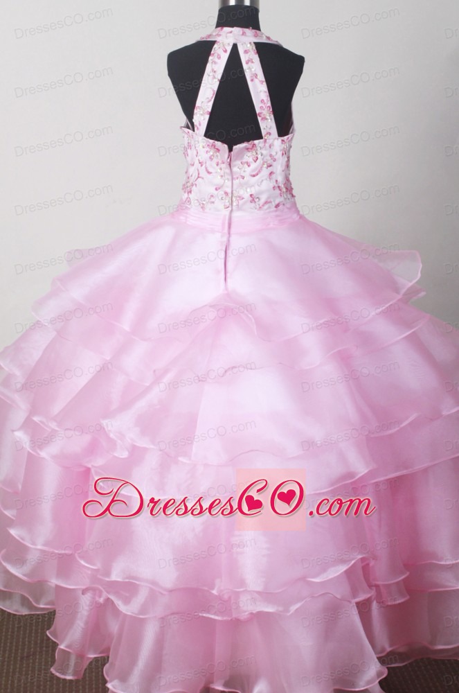 Beautiful Halter Top Little Girl Pageant DressWith Embroidery Decorate Bodice