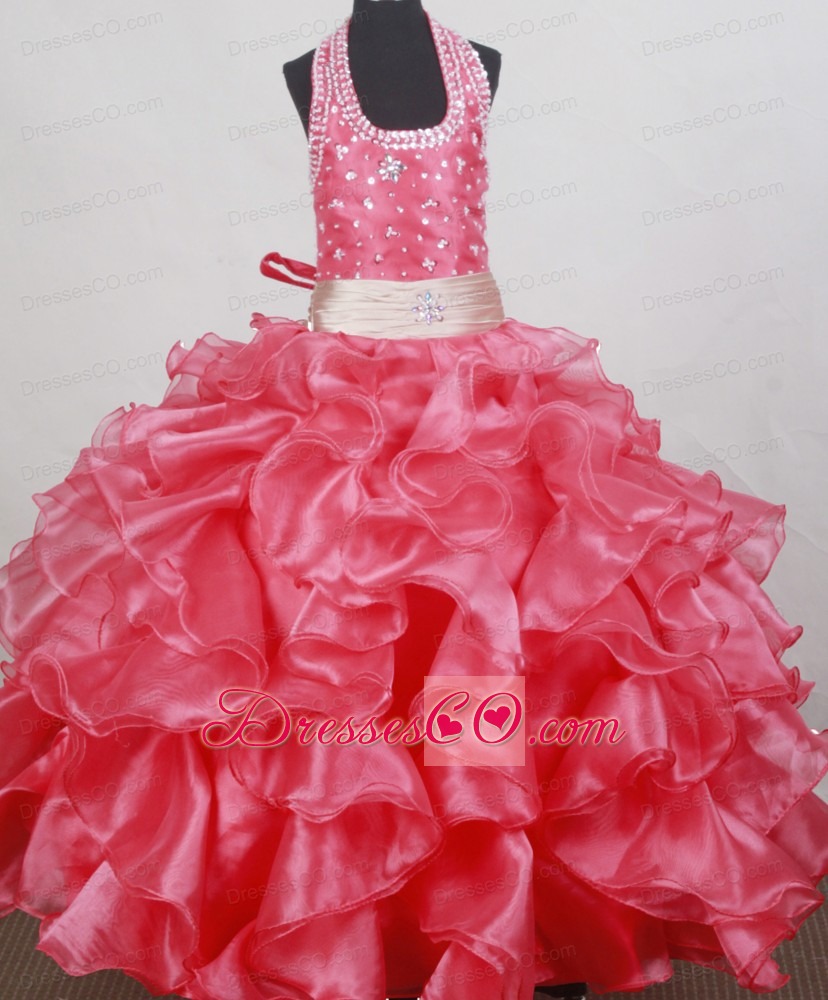 Beading And Ruffles Decorate Bodice Sweet Ball Gown Little Girl Pageant Dress Halter Top Long