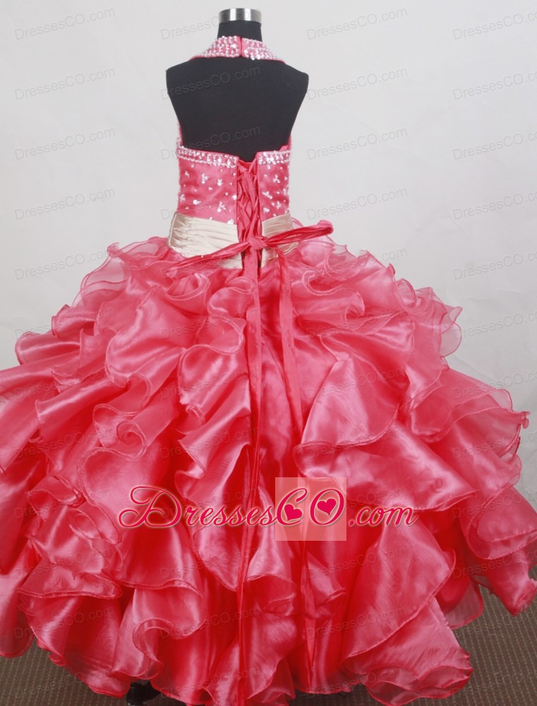 Beading And Ruffles Decorate Bodice Sweet Ball Gown Little Girl Pageant Dress Halter Top Long