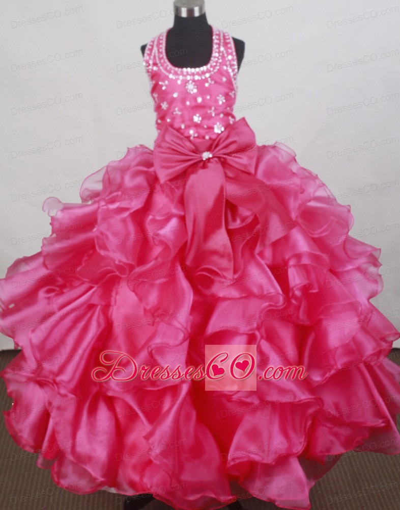 Elegant Halter Neckline Flower Girl Pageant Dress With Beaded and Ruffled Layers Decorate