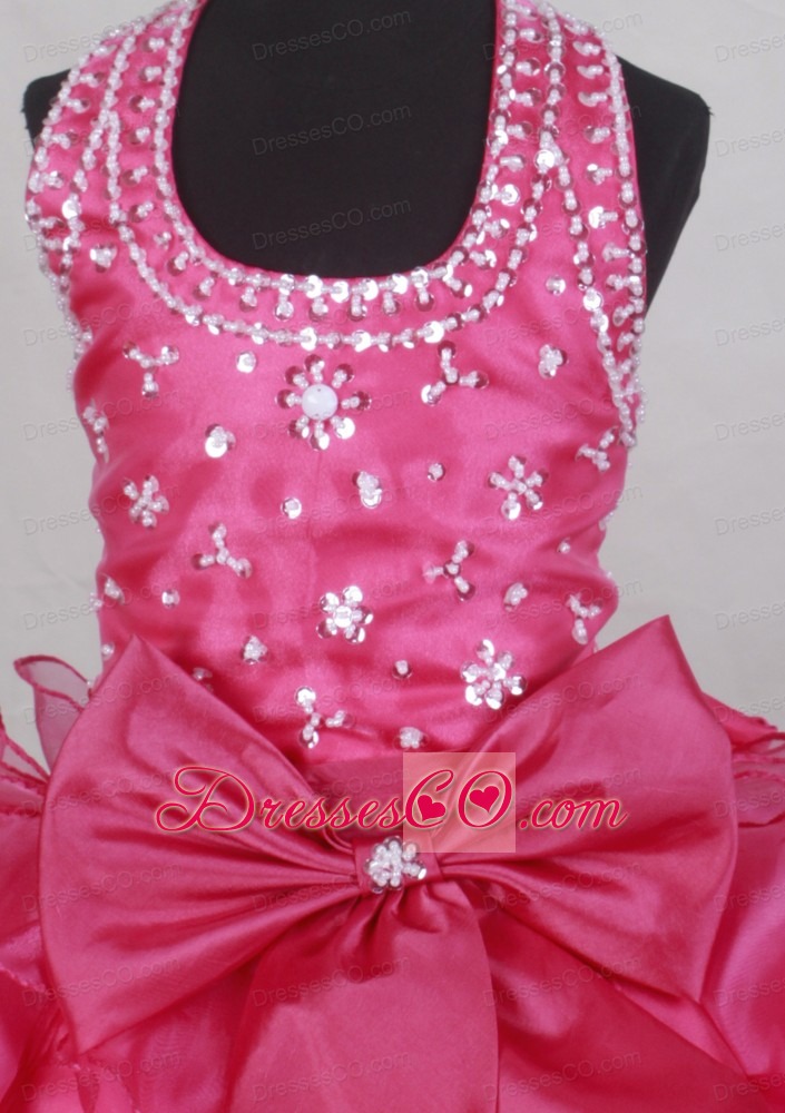 Elegant Halter Neckline Flower Girl Pageant Dress With Beaded and Ruffled Layers Decorate
