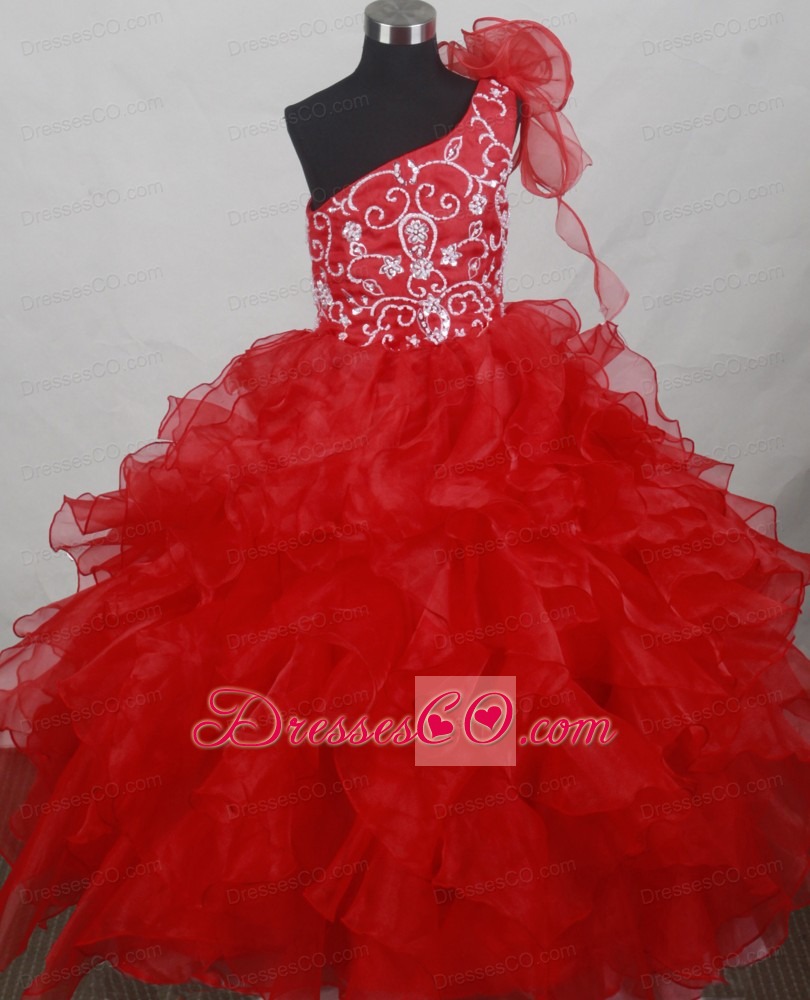 Popular Red One Shoulder Flower Girl Pageant Dress With Ruffled Layers and Embroidery Decorate