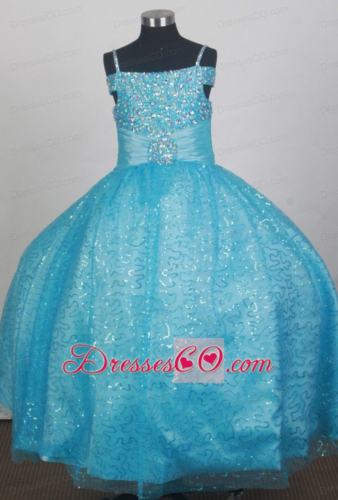 Light Blue Sequin Flower Girl Dress With Off The Shoulder  Beaded Decorate