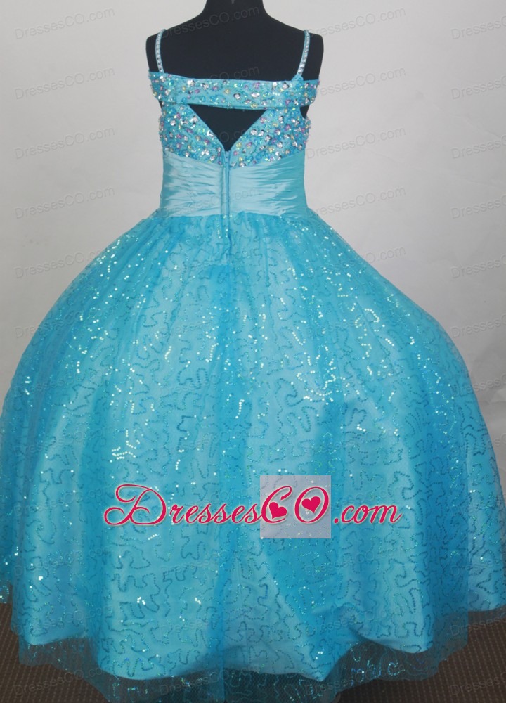 Light Blue Sequin Flower Girl Dress With Off The Shoulder  Beaded Decorate